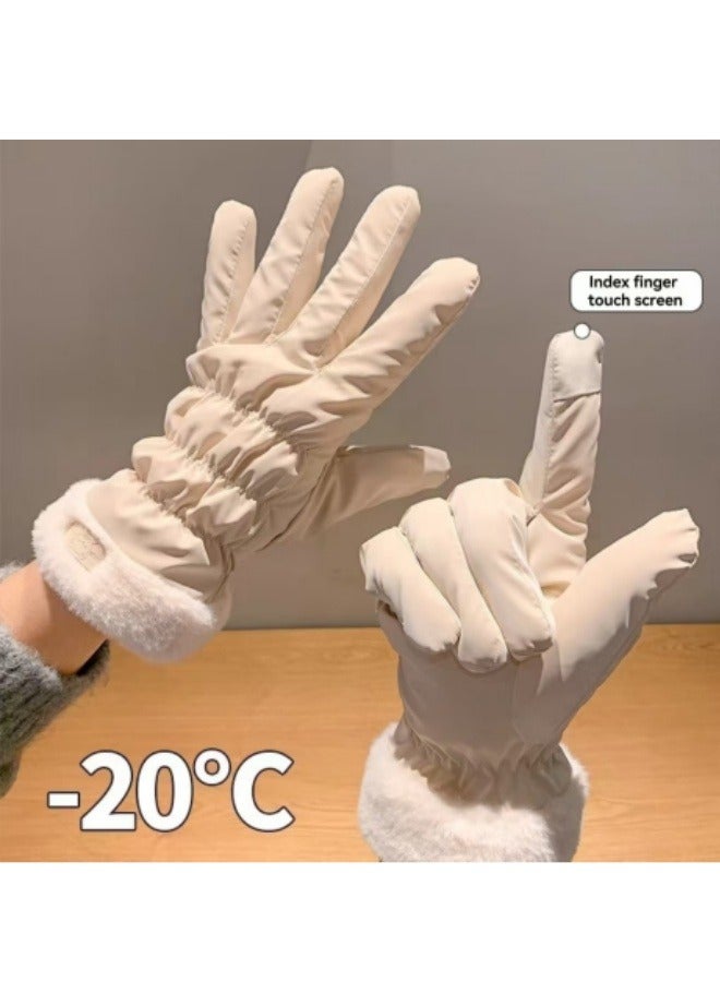 قفازات شتوية دافئة تعمل باللمس سميكة مقاومة للماء لركوب الدراجات قفازات تزلج مخملية مقاومة للرياح باللون البيج - Image 5