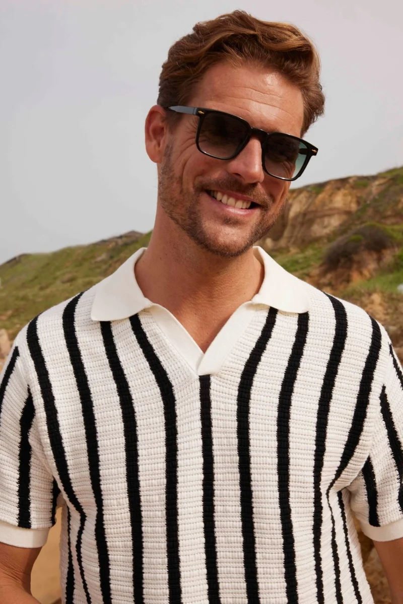 تودورس Men's Slim Fit Slim Cut Knitted Breathable Striped Non-rolling Polo Neck T-Shirt