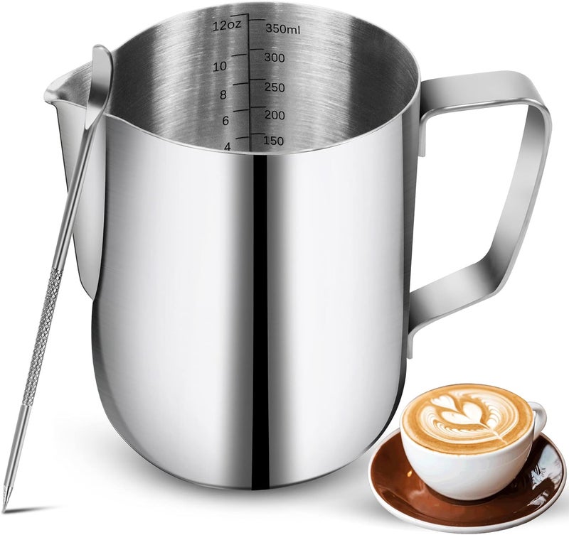 NewGF Milk Frother Pitchers 12oz, Milk Frothing Pitcher Stainless Steel with Decorating Pen, Milk Frothing Jug with Scale Milk Coffee Cappuccino Latte Art Barista Steam Pitchers Milk Jug Cup… All-item matching trendy build - Image 1