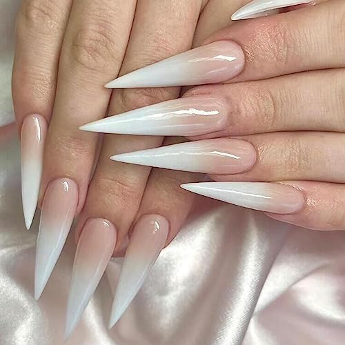 MABKJLF Long Stiletto Press on Nails White Gradient French Fake Nails Full Cover Glossy False Nails With Glue Stick on Artificial Acrylic Nails for Women Girls 24 Pcs - Image 1