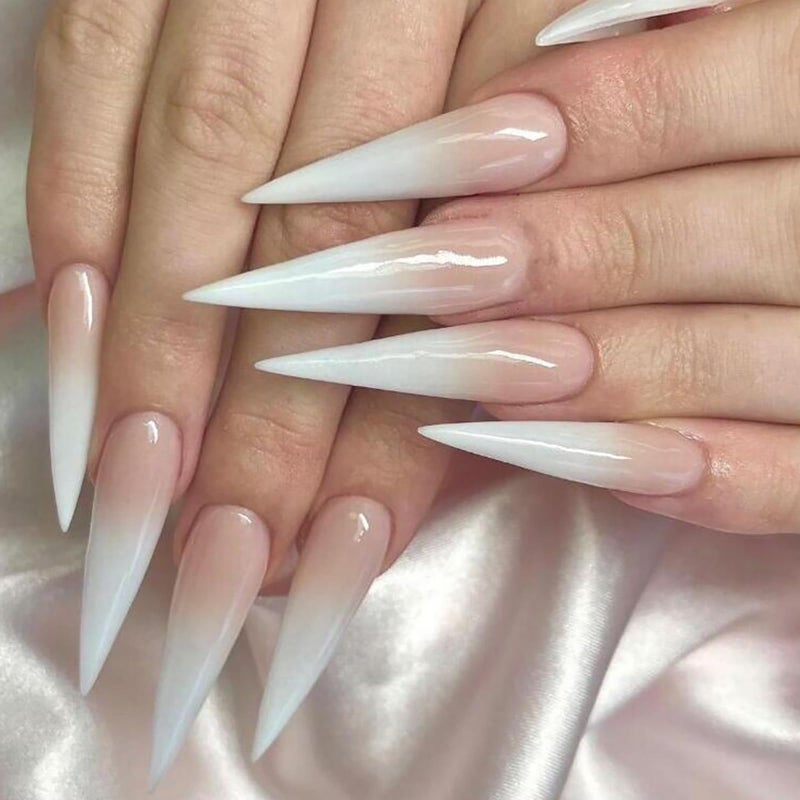 MABKJLF Long Stiletto Press on Nails White Gradient French Fake Nails Full Cover Glossy False Nails With Glue Stick on Artificial Acrylic Nails for Women Girls 24 Pcs - Image 3