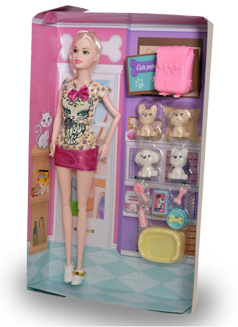 FUNFY - FYDPG001 11.5-Inch Fashion Girl Doll Playset | Pet Series with 4 Dogs, Pet Care Accessories | Pretend Play Toy for Girls – Encourages Imagination & Nurturing Skills - Image 1