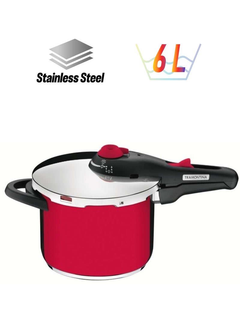 TRAMONTINA - 22None Since 1911,Made in Brazil- 22cm Solar 22cm 6L Red Stainless Steel Pressure Cooker with Tri-ply Bottom and 5 Safety Features Red Red - Image 1