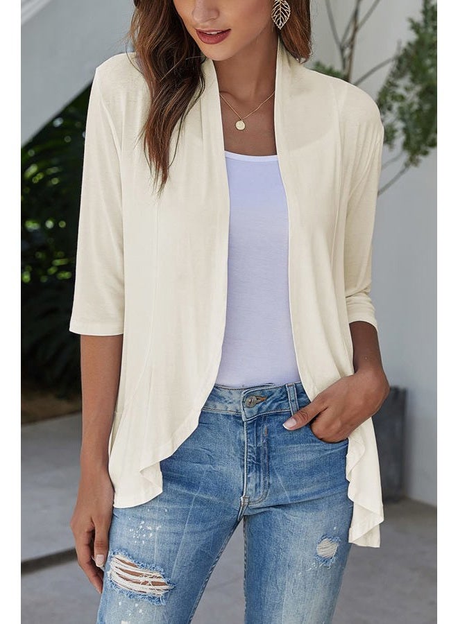 Bluetime Women Casual Lightweight Open Front Cardigans Soft Draped Ruffles 3/4 Sleeve Cardigan (XXL, New-Beige) - Image 2