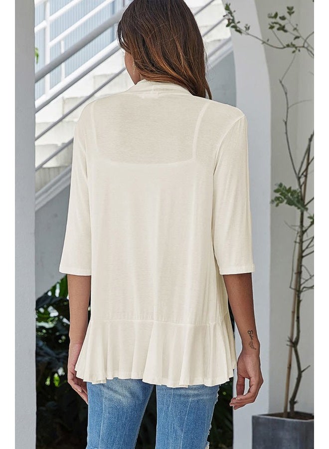 Bluetime Women Casual Lightweight Open Front Cardigans Soft Draped Ruffles 3/4 Sleeve Cardigan (XXL, New-Beige) - Image 4