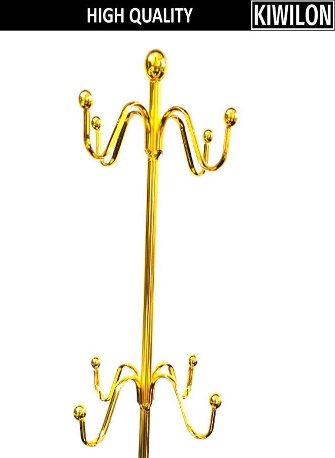 Kiwilon Metal 6 Hooks Cup Holder for Kitchen with Bamboo Base - Gold - Image 4