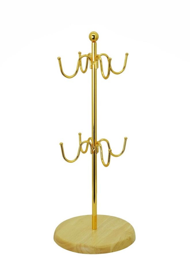 Kiwilon Metal 6 Hooks Cup Holder for Kitchen with Bamboo Base - Gold - Image 1