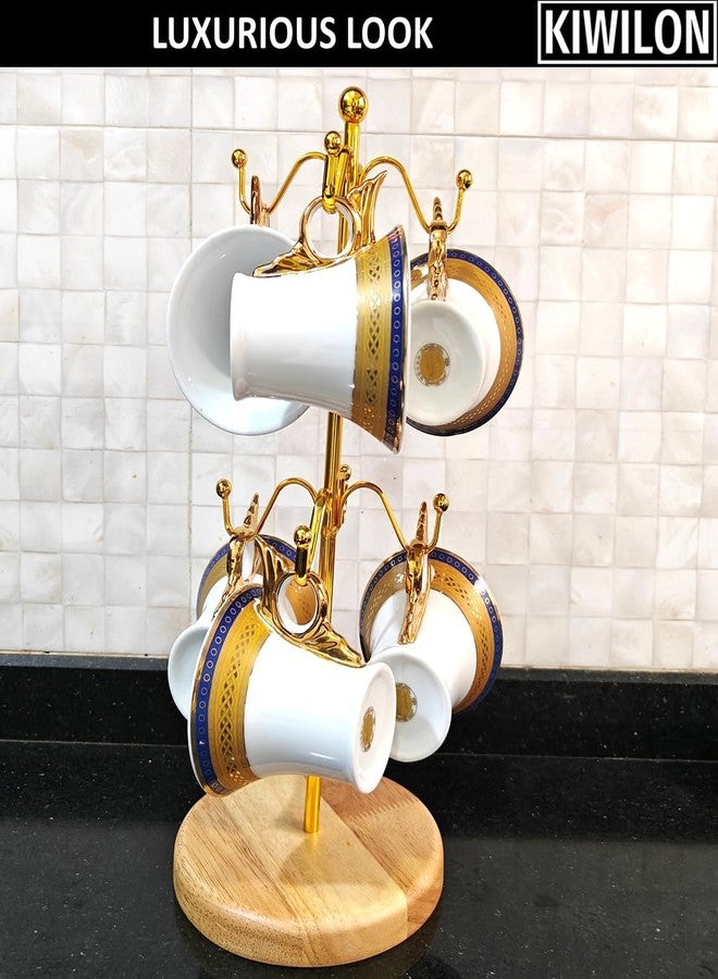 Kiwilon Metal 6 Hooks Cup Holder for Kitchen with Bamboo Base - Gold - Image 3
