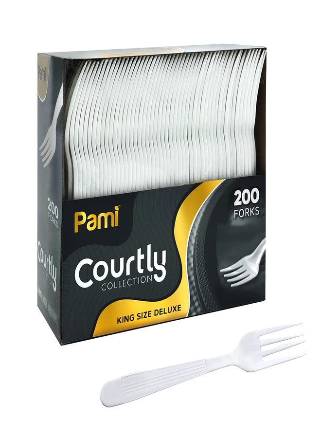 PAMI Heavy Weight Disposable Plastic Forks [200-Pack] - Bulk King Size Deluxe White Plastic Silverware For Parties, Weddings, Catering Food Stands, Takeaway- Heavy-Duty Single-Use Partyware Forks - Image 1