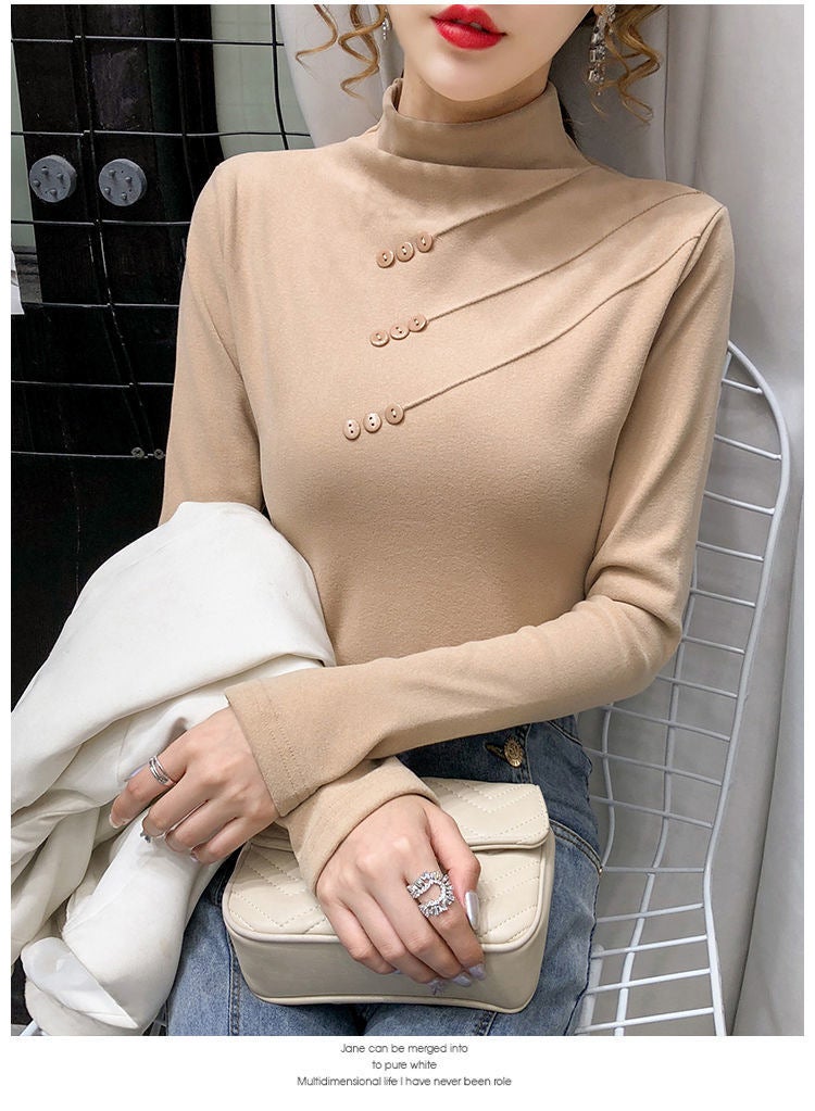 Double-sided Velvet Base Shirt Womens Long-sleeved Half-high Collar Thickened Autumn and Winter New European Station T-shirt Brushed Top Khaki