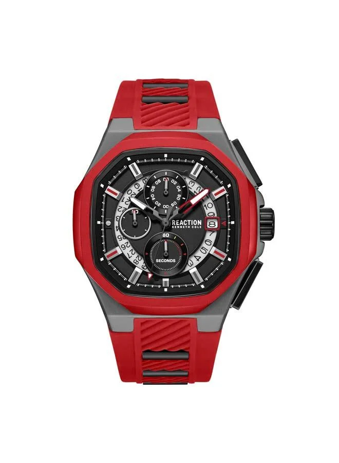 كينيث كول ريأكشن Black Dial Red Silicone Strap Chronograph Watch for Men, 45mm