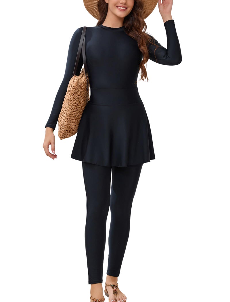 OBEEII Women One Piece Rash Guard Swimsuit Long Sleeve Surfing Bathing Suit Skirt Pants 3PCS Swimming Suit Summer Beachwear Wetsuit Muslim Swimsuit Sun Protection Burkini Swim Dress Black XL