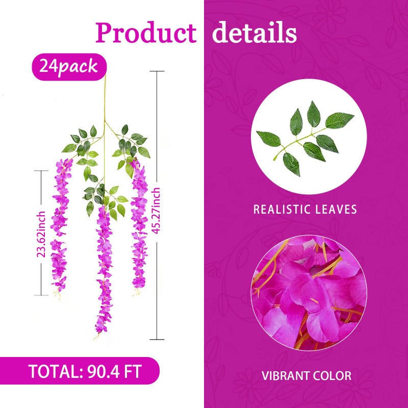 Luerbi 24 Pack Purple Red Wisteria Hanging Flowers Garland  3.77 Ft Purple Red Artificial Wisteria Flower Vines  Fake Purple Red Wisteria  Flower Vines for Backdrop  Purple Red Hanging Flowers Garland Decor - Image 3