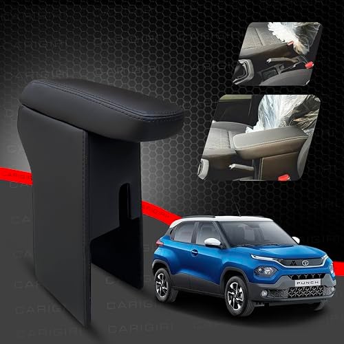 Carigiri Premium Finish Car Armrest with Storage Box And High Density Moulded Foam For Tata Punch (Not for Punch Ev)(Black Seam,Nappa Leatherette) (Black With Black Stitching) - Image 1
