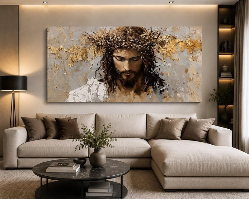 ARS Christian Wall Art Canvas Prints Last Dinner, 3D Textured Jesus Face Oil Painting Style, Large Horizontal Beige and Gold Framed Artwork for Home - Image 2