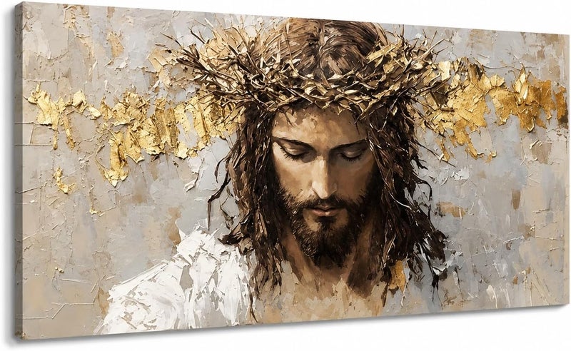 ARS Christian Wall Art Canvas Prints Last Dinner, 3D Textured Jesus Face Oil Painting Style, Large Horizontal Beige and Gold Framed Artwork for Home - Image 1