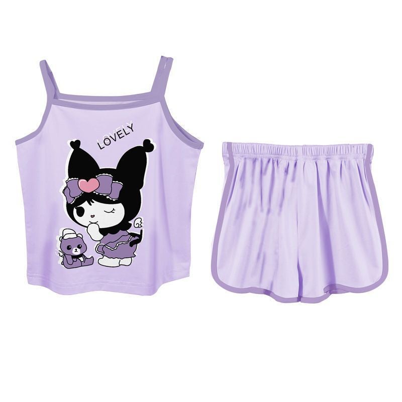 Girls' Ice Silk Fabric Home Clothes, Fashionable, Cute And Cartoon Baby Girl'S Suspender Shorts Suit - Image 4