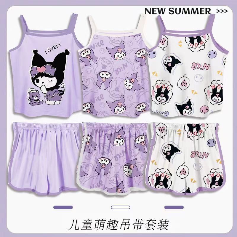 Girls' Ice Silk Fabric Home Clothes, Fashionable, Cute And Cartoon Baby Girl'S Suspender Shorts Suit - Image 2