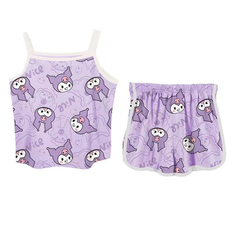 Girls' Ice Silk Fabric Home Clothes, Fashionable, Cute And Cartoon Baby Girl'S Suspender Shorts Suit - Image 5