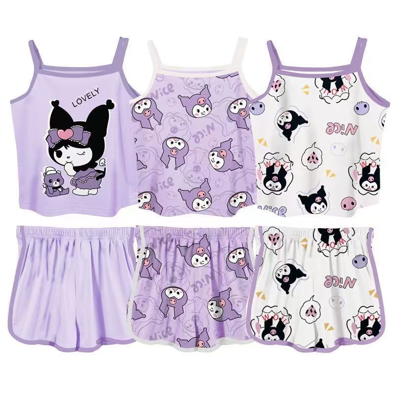 Girls' Ice Silk Fabric Home Clothes, Fashionable, Cute And Cartoon Baby Girl'S Suspender Shorts Suit - Image 3