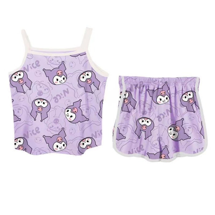 Girls' Ice Silk Fabric Home Clothes, Fashionable, Cute And Cartoon Baby Girl'S Suspender Shorts Suit - Image 1