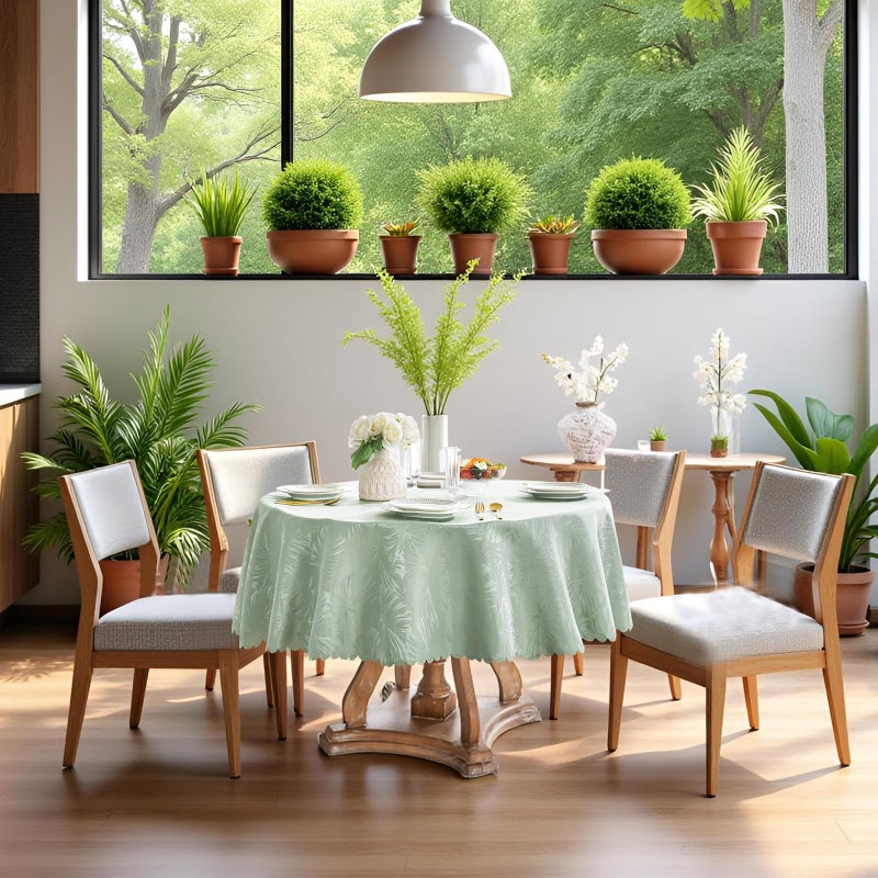 EFFICINATURE Round Tablecloth 60 Inch Table Cloth Green Leaves Pattern Scalloped Edge Silky Soft Fabric Waterproof Wrinkle Free Washable Table Cover for Kitchen Dining Party Banquet Patio Decor - Image 2