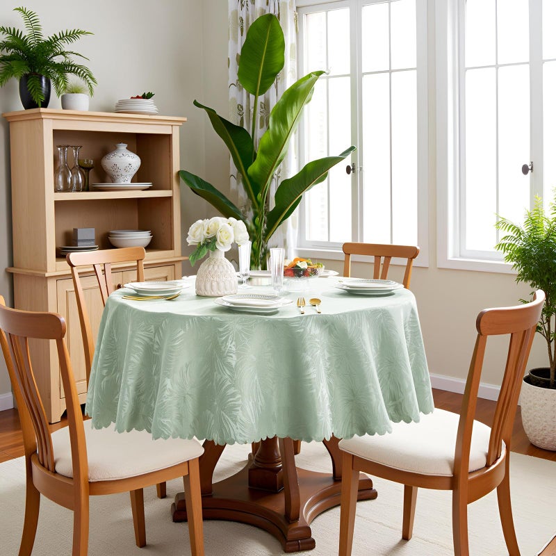 EFFICINATURE Round Tablecloth 60 Inch Table Cloth Green Leaves Pattern Scalloped Edge Silky Soft Fabric Waterproof Wrinkle Free Washable Table Cover for Kitchen Dining Party Banquet Patio Decor - Image 3
