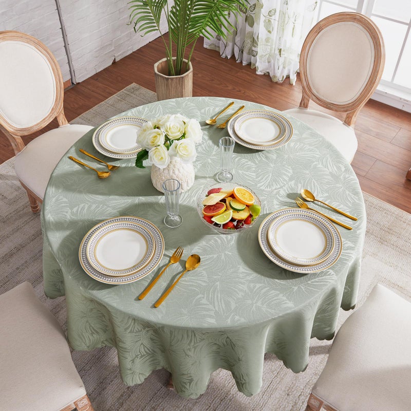 EFFICINATURE Round Tablecloth 60 Inch Table Cloth Green Leaves Pattern Scalloped Edge Silky Soft Fabric Waterproof Wrinkle Free Washable Table Cover for Kitchen Dining Party Banquet Patio Decor - Image 4