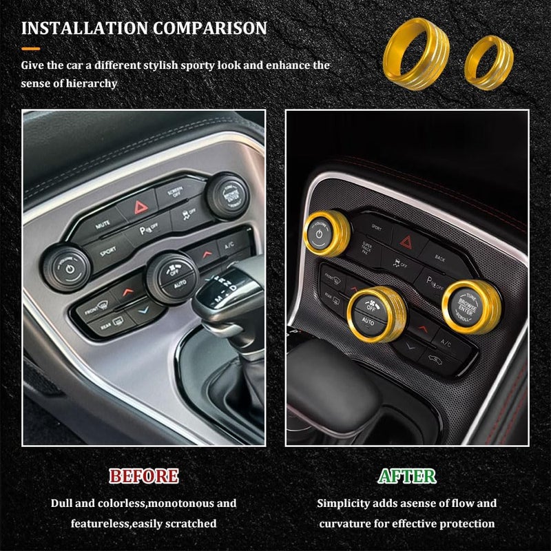 RGOAANC 3PCS Air Conditioner Switch Button Knob Cover, Aluminum Alloy Trim Ring, Trailer Gear Switch Compatible With Dodge Challenger Durango 2015-2022 (Gold) - Image 5