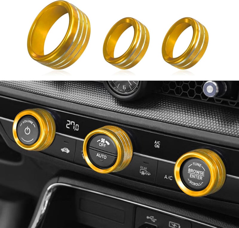 RGOAANC 3PCS Air Conditioner Switch Button Knob Cover, Aluminum Alloy Trim Ring, Trailer Gear Switch Compatible With Dodge Challenger Durango 2015-2022 (Gold) - Image 1