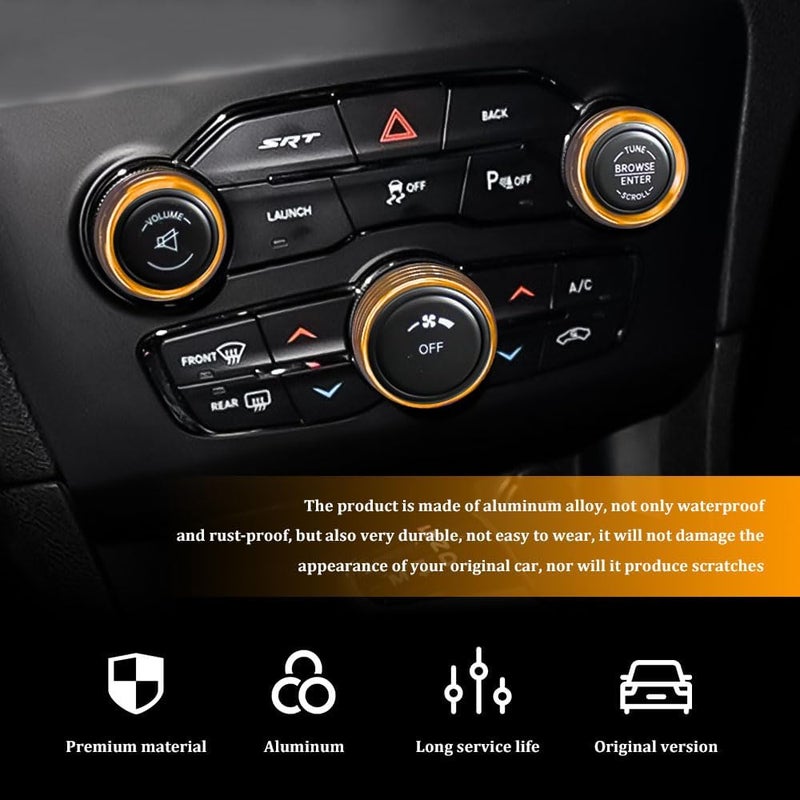 RGOAANC 3PCS Air Conditioner Switch Button Knob Cover, Aluminum Alloy Trim Ring, Trailer Gear Switch Compatible With Dodge Challenger Durango 2015-2022 (Gold) - Image 4