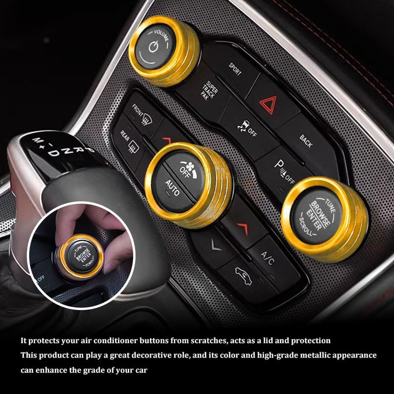 RGOAANC 3PCS Air Conditioner Switch Button Knob Cover, Aluminum Alloy Trim Ring, Trailer Gear Switch Compatible With Dodge Challenger Durango 2015-2022 (Gold) - Image 3