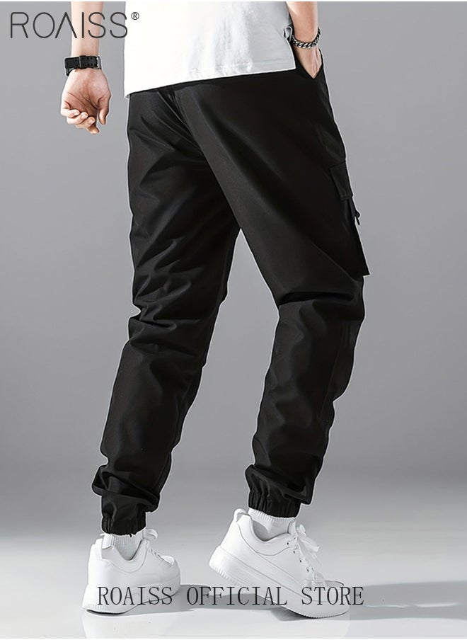 roaiss - Multiple Pockets Straight Cargo Pants for Men Versatile Casual Loose Tether Mid Waist Trousers Mens Comfortable Breathable Skin-Friendly Sweatpants with Small Trouser Legs - Image 1