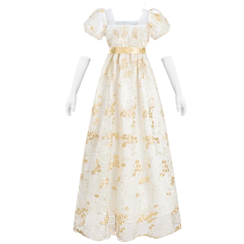 NSPSTT Golden Regency Dresses for Women Plus Size Victorian Ball Gown with Long White Gloves M - Image 1