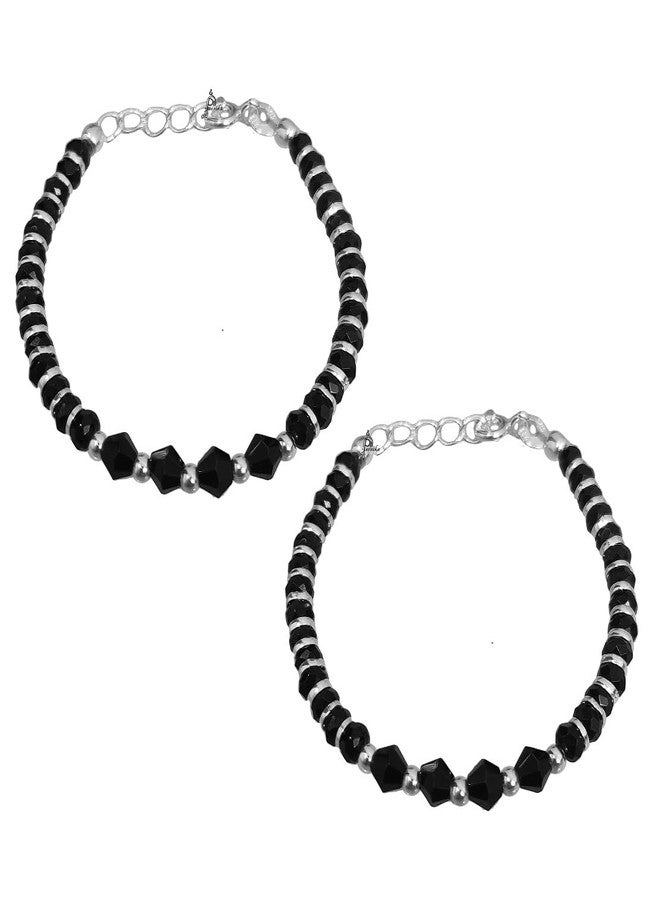 Parnika (Formerly MJ) 925 Traditional Silver & Black Crystals Baby Nazariya Kids Silver Bracelet in Pure 92.5 Sterling Silver for Kids - Image 1