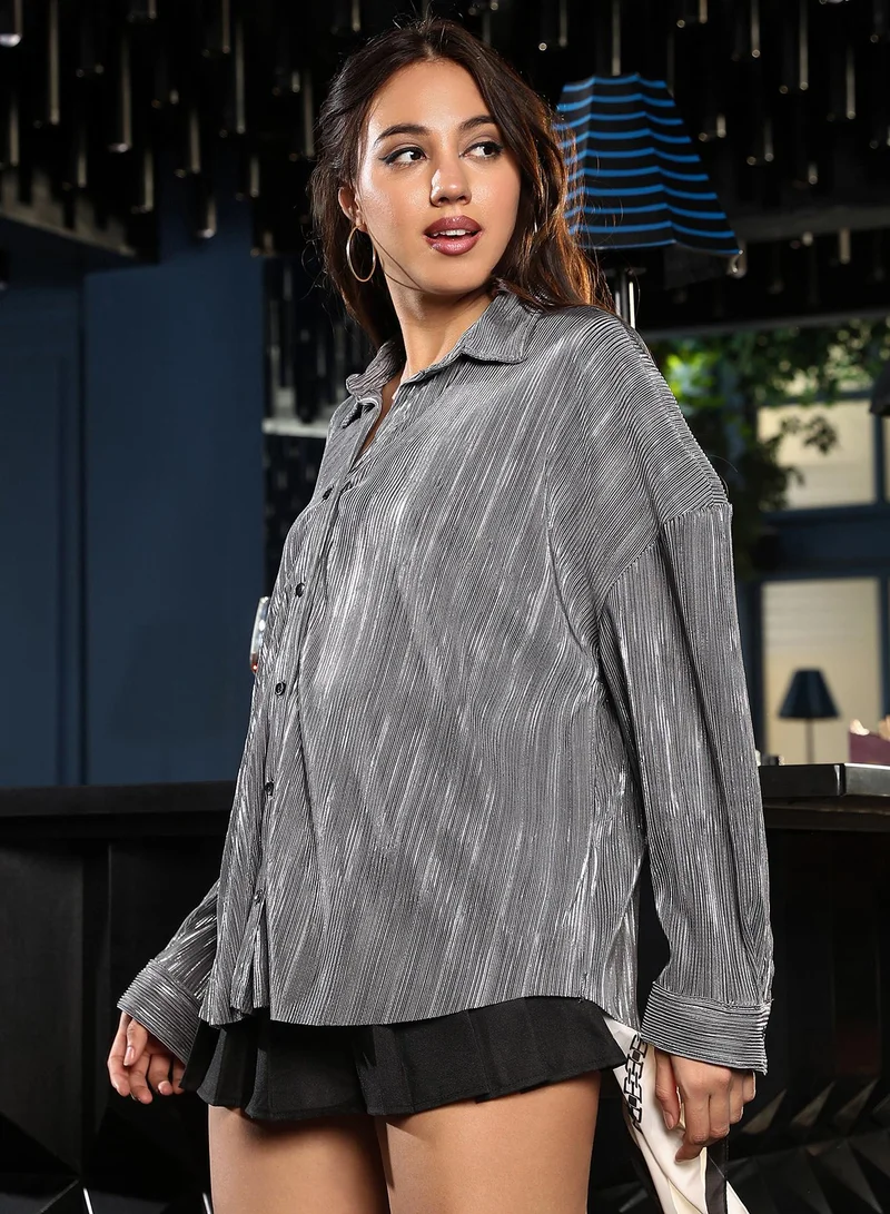 Pinacolada  Women's Ash Grey Metallic-Pleated Oversized Shirt for Women | Best Price UAE