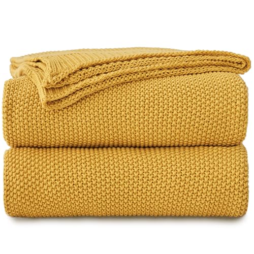 Longhui bedding Mustard Yellow Cotton Cable Knit Throw Blanket for Couch Sofa Bed Home Decorative Lightweight Knitted Blankets with Bonus Laundering Bag 50 x 60 Machine Washable