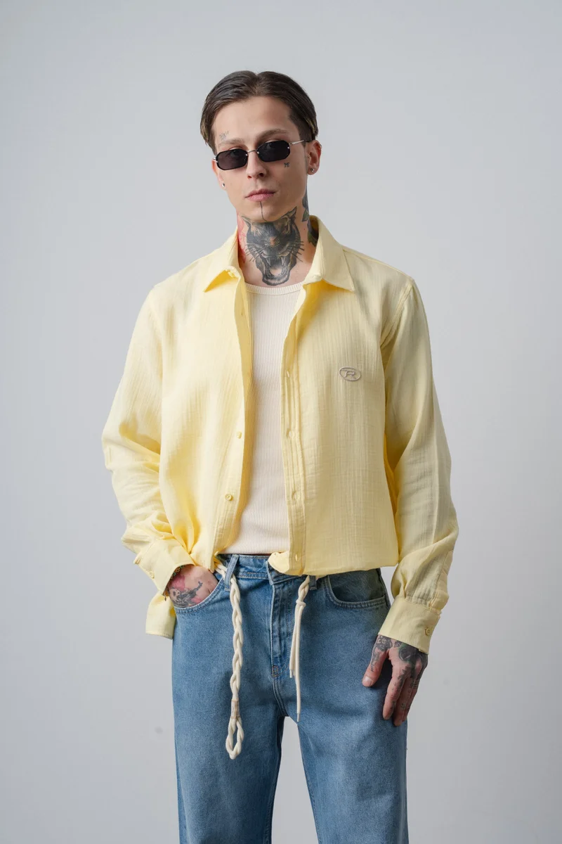 RESPIRE Men's R Embroidered Long-Sleeve Muslin Oversize Shirt Yellow