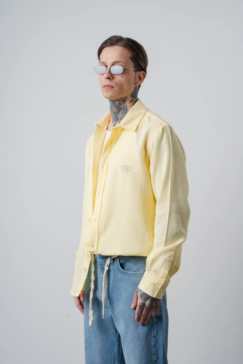 RESPIRE Men's R Embroidered Long-Sleeve Muslin Oversize Shirt Yellow