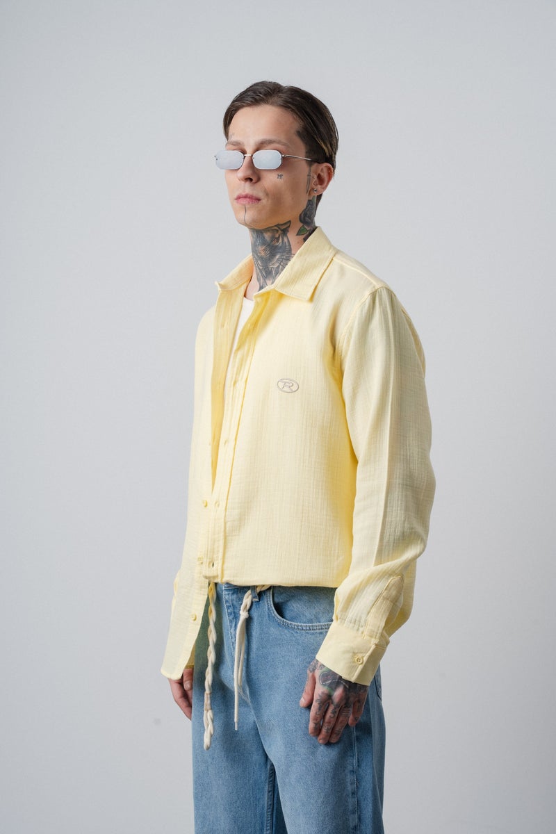 RESPIRE Men's R Embroidered Long-Sleeve Muslin Oversize Shirt Yellow - Image 3