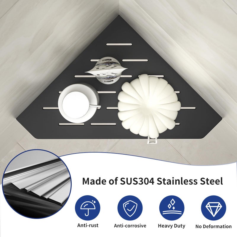 Bernkot Corner Shower Shelf 10 "" Matte Black 304 Stafless Steel Pentagonal Heavy Duty Floating Sheves Slot Slot Slot Gradress Bathroom for Tibled Back 2 Pack No Drilling Trilling - Image 3