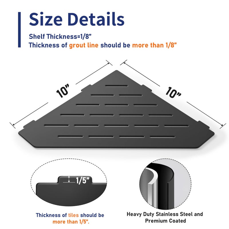 Bernkot Corner Shower Shelf 10 "" Matte Black 304 Stafless Steel Pentagonal Heavy Duty Floating Sheves Slot Slot Slot Gradress Bathroom for Tibled Back 2 Pack No Drilling Trilling - Image 4