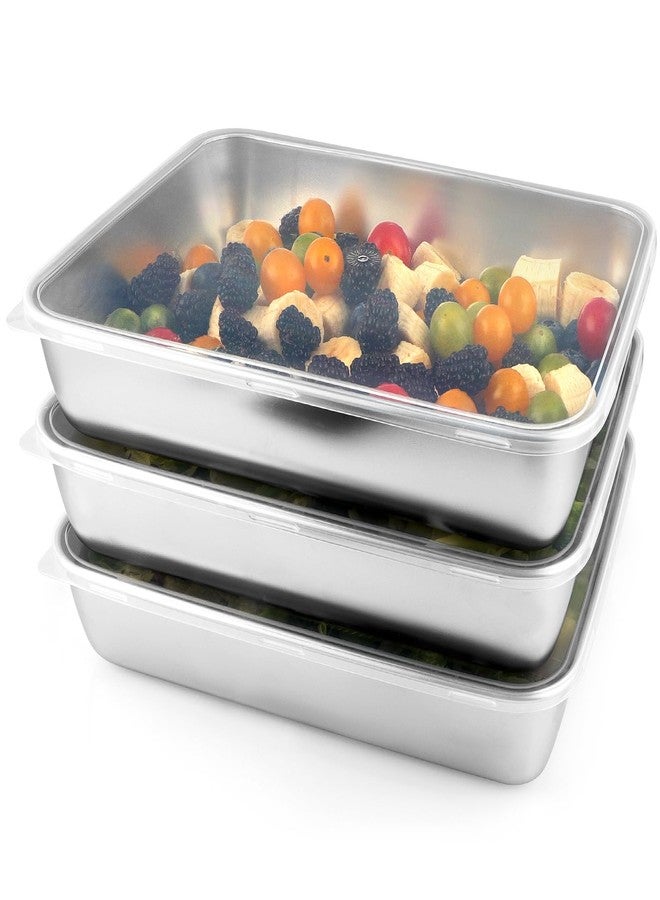 Sanbege 3 Pcs Stainless Steel Food Containers with Clear Lids, 12" x 9.6" Large Stackable Snack Storage Boxes, Deli Meat Keeper for Refrigerator or Picnic, BBQ Party - Image 1