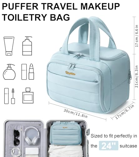Bagstellar Travel Toiletry Bag for Women, Lightweight Large Quilted Puffy Makeup Bag Wide-open Make up Organizer Cloud Cosmetic Bag w/Handle for Traveling Toiletries Essentials Accessories Light Blue - Image 2