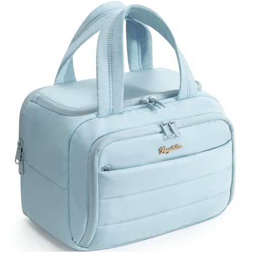 Bagstellar Travel Toiletry Bag for Women, Lightweight Large Quilted Puffy Makeup Bag Wide-open Make up Organizer Cloud Cosmetic Bag w/Handle for Traveling Toiletries Essentials Accessories Light Blue - Image 1