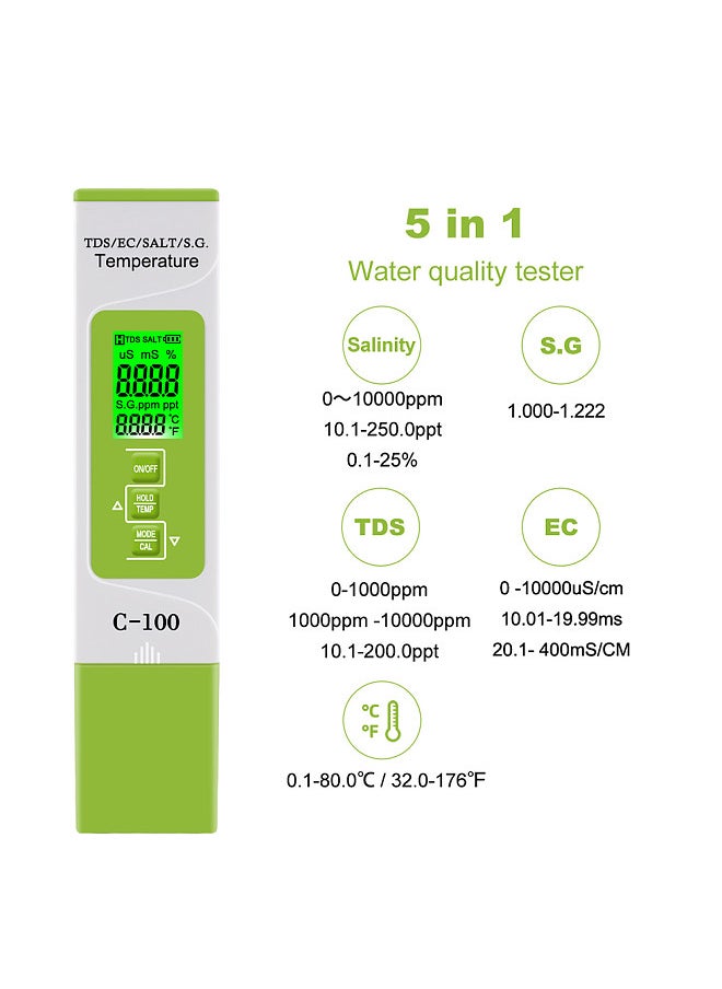 Generic - 5 in 1 TDS/EC/SALT/S.G./Temperature Meter Digital Water Quality Monitor Tester for Pools Drinking Water Aquariums with Backlight （battery not included） - Image 1