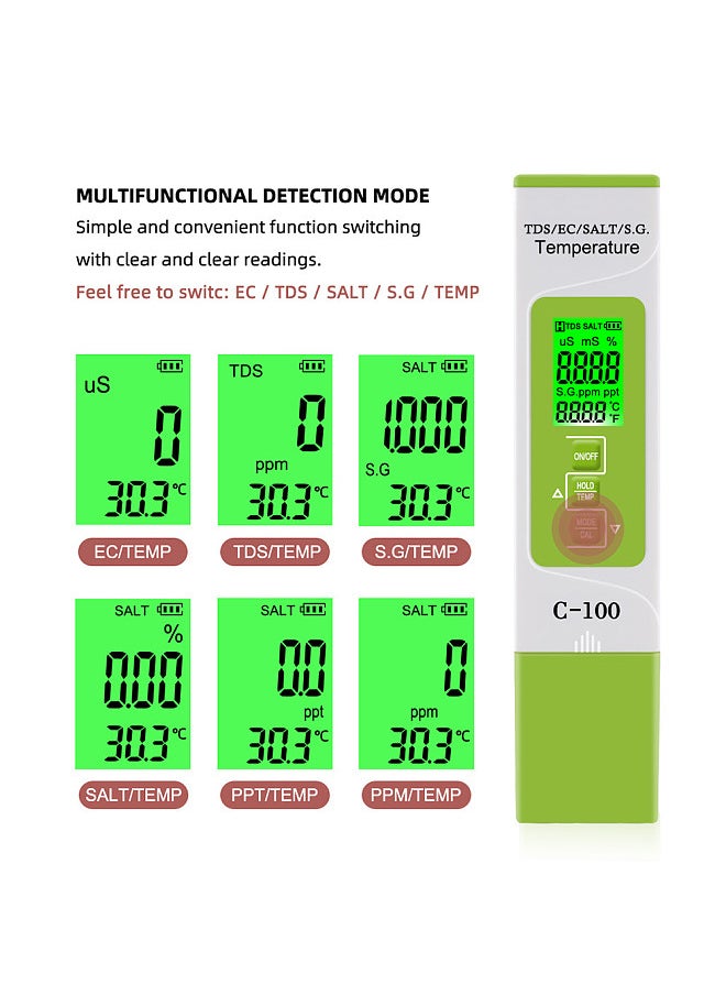 Generic - 5 in 1 TDS/EC/SALT/S.G./Temperature Meter Digital Water Quality Monitor Tester for Pools Drinking Water Aquariums with Backlight （battery not included） - Image 1