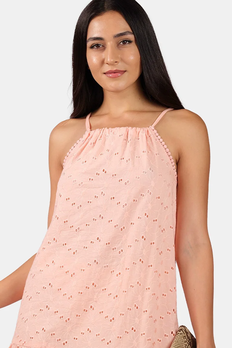 Virgio  Solid Cotton Schiffli Halter Maxi Dress for Women for Women | Best Price UAE