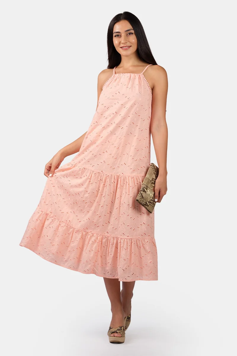 فيرجيو Solid Cotton Schiffli Halter Maxi Dress for Women