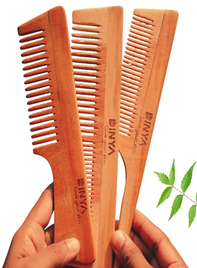 Dinya Neem Comb Set of 3 - Natural Wooden Hair Combs (Handle Comb, 2-in-1 Comb, Pintail Comb) - Pure Neem Combs -Friendly & Anti-Static - Perfect for Healthy Hair! - Image 1